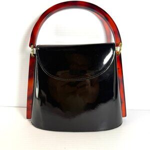 Vintage Lucite and Patent Leather Purse with Tortoise Shell Look Handle